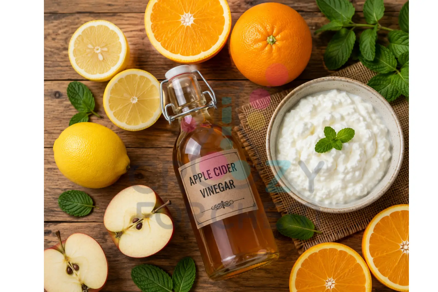 Natural organic acid sources showing lemon and orange for citric acid, vinegar for acetic acid, and yogurt for lactic acid.