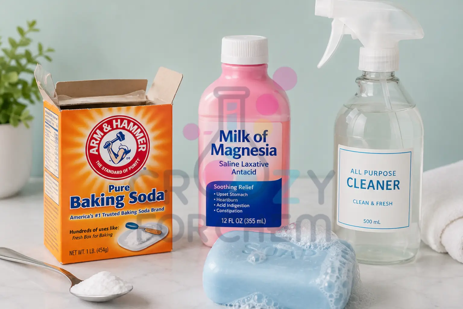 Common household bases including hand soap, baking soda powder, antacid bottle, and cleaning spray.