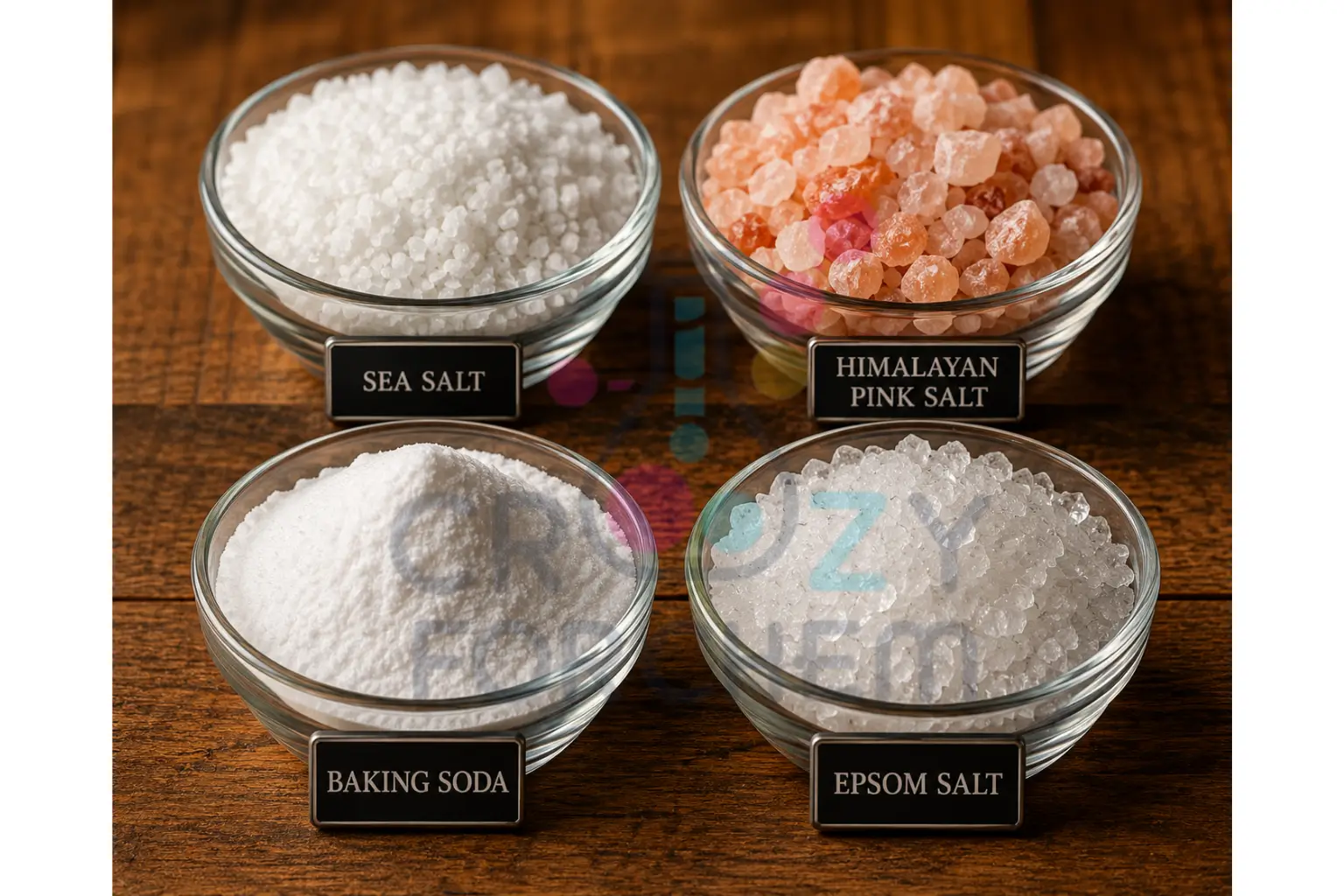Different types of salts used in daily life including rock salt, baking soda, and Epsom salt.
