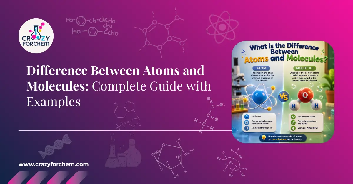 Infographic showing the difference between atoms and molecules – atom defined as smallest unit of an element, molecule as two or more atoms bonded together, with examples of hydrogen atom and water molecule (H₂O)