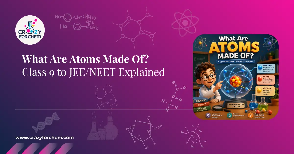Illustration showing what atoms are made of — protons, neutrons, and electrons around a nucleus, explained for Class 9 and JEE/NEET students