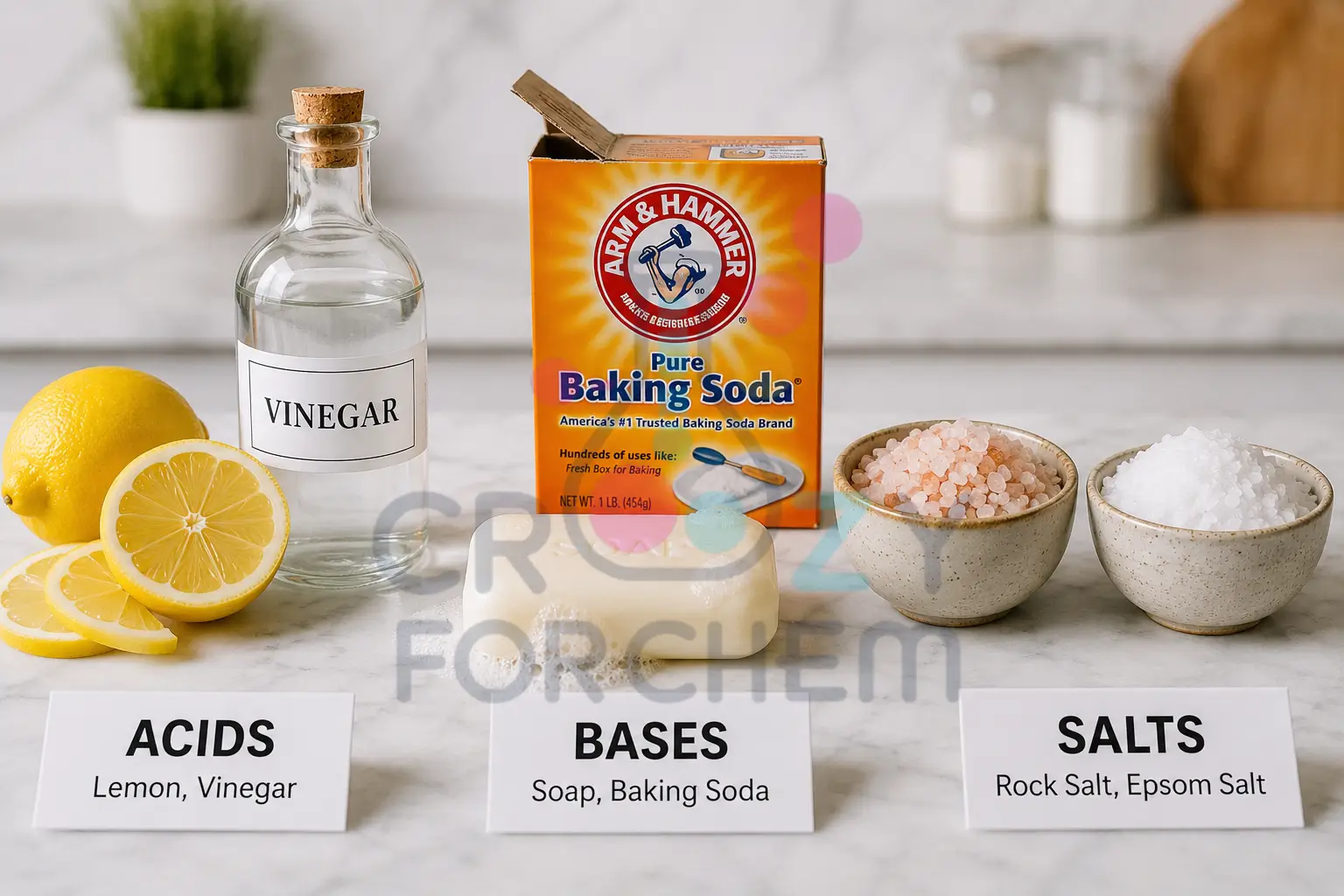 Real life examples of acids, bases, and salts including sliced lemons, bar of soap, and bowls of salt on a clean kitchen table.