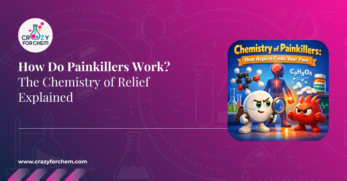 An educational infographic from CrazyForChem detailing how painkillers work. The featured image shows a character with a magnifying glass examining a ball-and-stick model of an Aspirin molecule ($C_9H_8O_4$), next to a 'fire' character. An illustrated human body highlights pain signal reception in the brain. The background shows laboratory equipment and molecular structures on a purple and pink gradient.