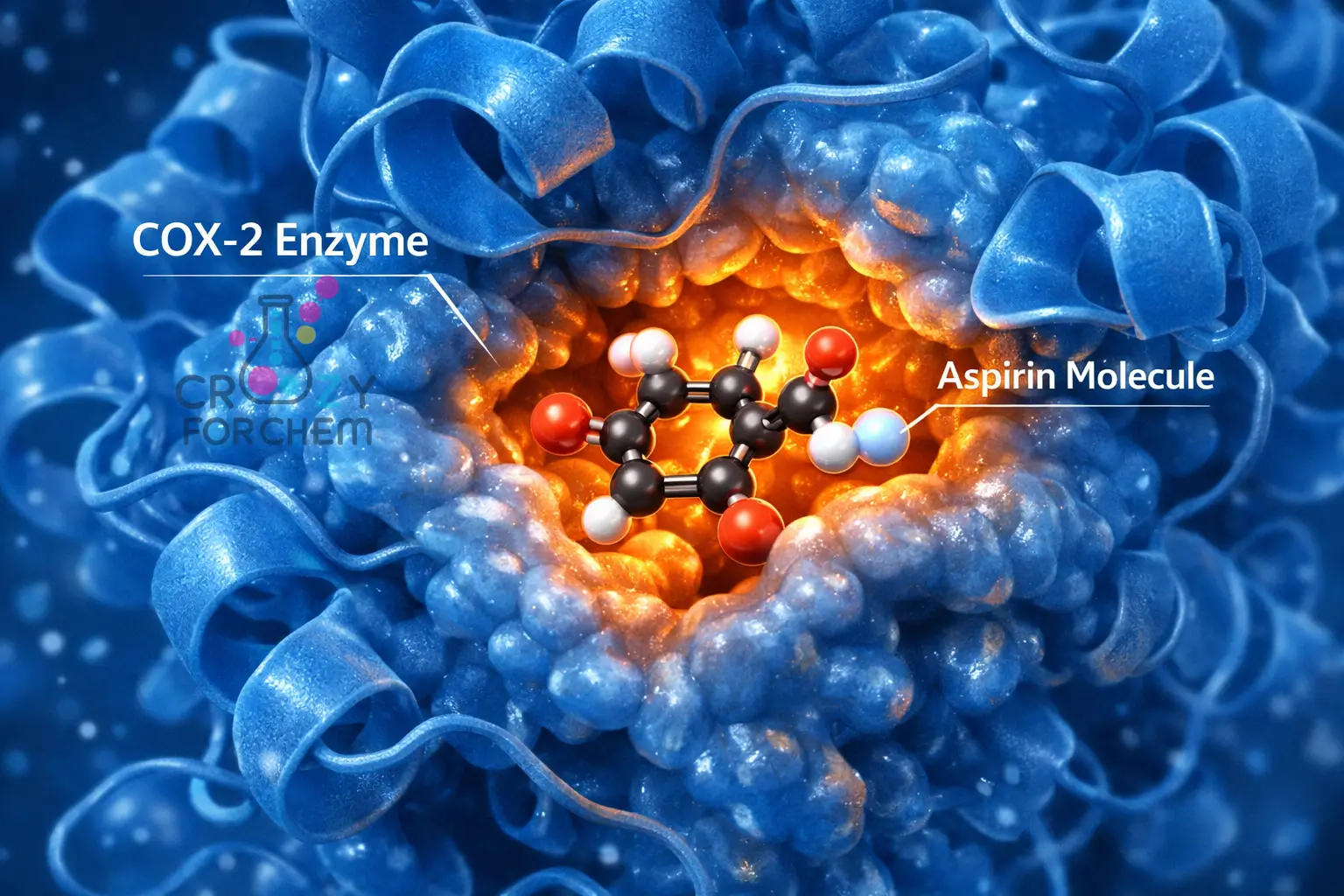 3D molecular render showing an Aspirin molecule inhibiting a COX-2 enzyme to stop prostaglandin production.