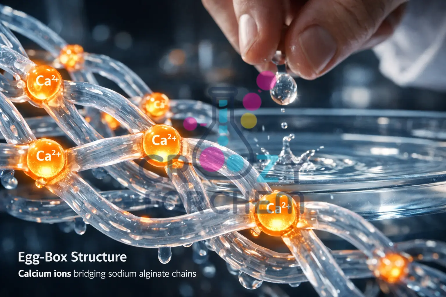 Molecular diagram of the egg-box structure showing calcium ions bridging alginate chains for spherification.