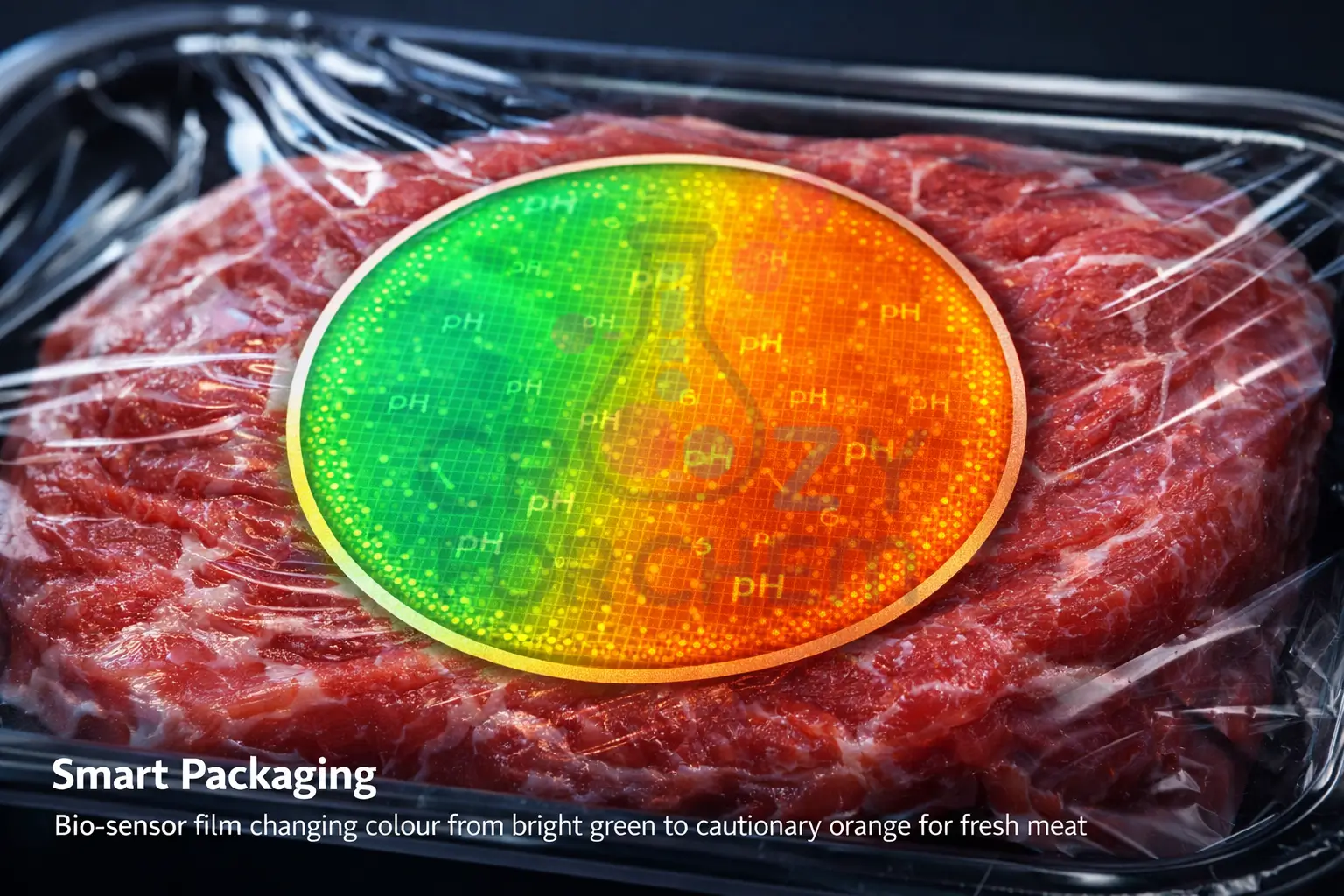 A smart food packaging film changing colour in response to pH shifts to indicate microbial spoilage.
