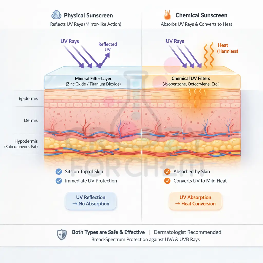 A scientific diagram comparing how physical sunblock reflects UV rays while chemical sunscreen absorbs them.