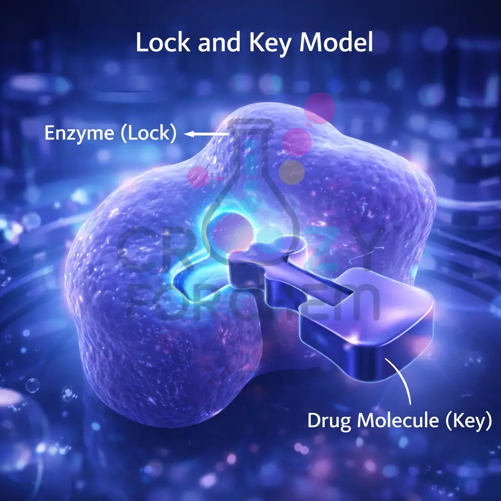 An illustration of the lock and key mechanism showing how medicinal drugs interact with specific biological enzymes.