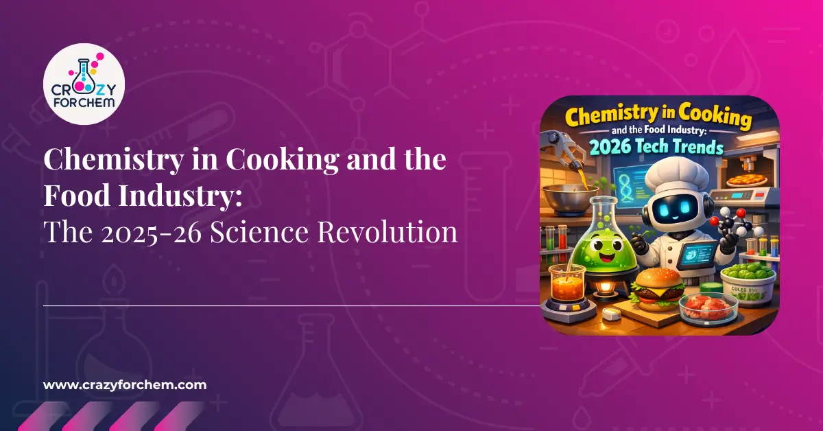 A professional banner for CrazyForChem featuring the title 'Chemistry in Cooking and the Food Industry: The 2025-26 Science Revolution' alongside a futuristic robotic chef in a lab-style kitchen