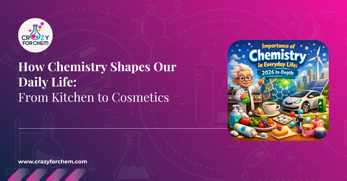 A comprehensive infographic from CrazyForChem detailing how chemistry shapes daily life, with a 2026 in-depth focus. It features molecular diagrams for diverse clusters, including 'Clean Energy (Electric Vehicles)', 'Kitchen Chemistry (Molecule Drones)', 'Health & Hygiene (Micelles & Sanitiser)', 'Community Safety (Bleach Warnings)', and 'Sustainable Cosmetics (Green Ingredients)'. The central title 'Importance of Chemistry in Everyday Life: 2026 In-Depth' is prominent on a vibrant purple-to-pink background.