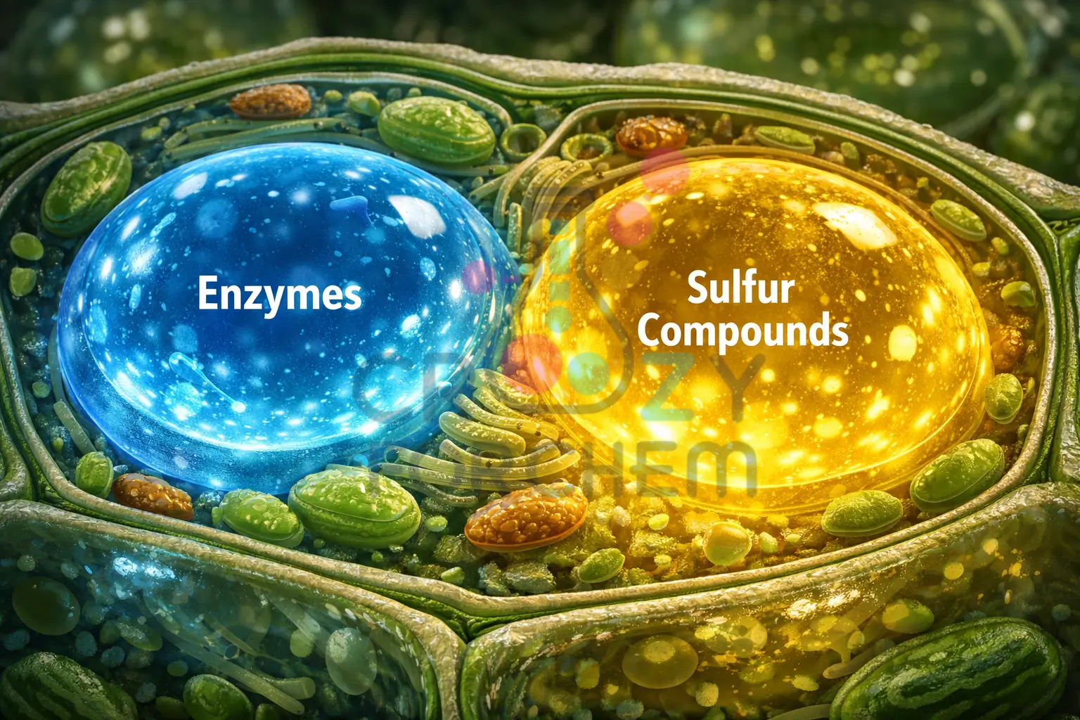 A 3D scientific diagram of an onion cell showing separate compartments for enzymes and sulfur compounds.