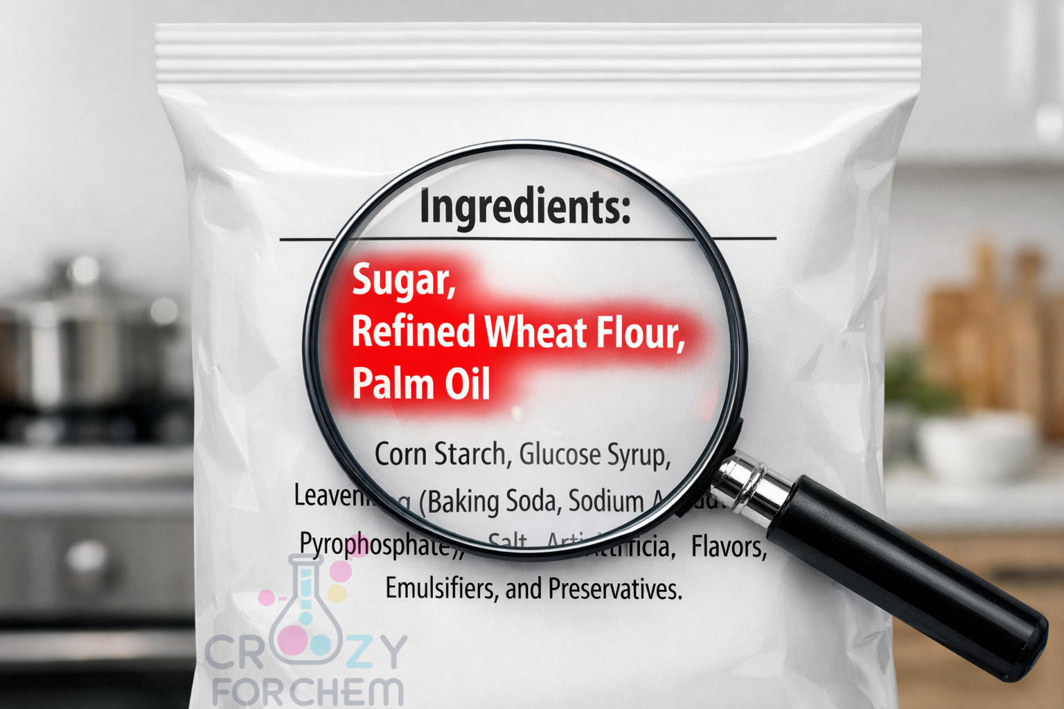 Read Food Labels: A magnifying glass highlighting the first three ingredients on a food label to demonstrate the descending weight rule.