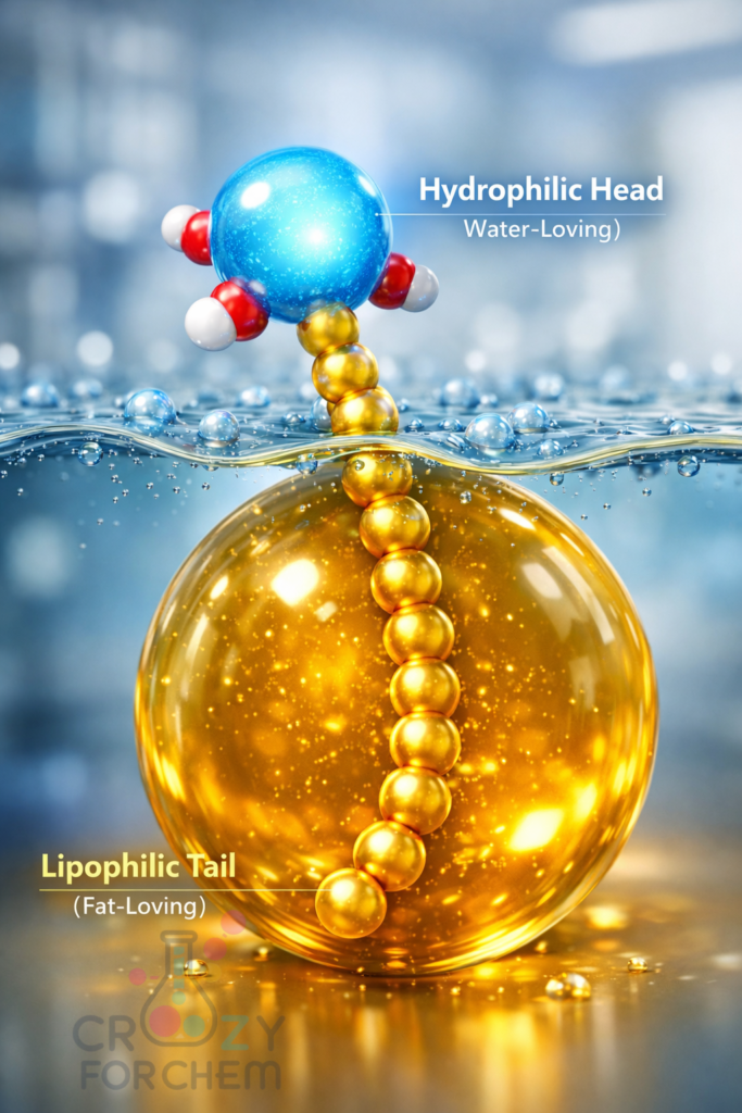 A molecular model of an emulsifier showing the hydrophilic head and lipophilic tail bridging oil and water.