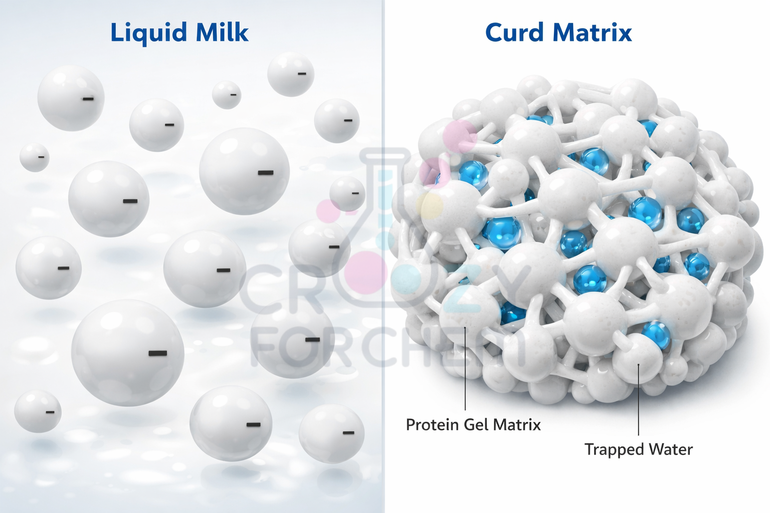 Molecular comparison of independent casein micelles in liquid milk versus the coagulated protein network in curd.