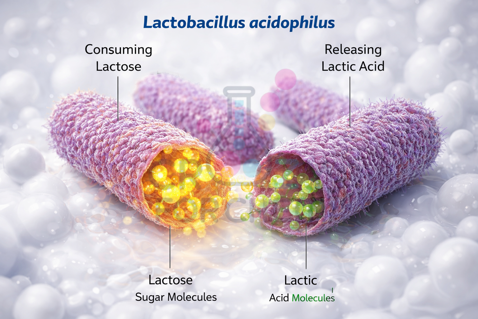 Microscopic view of Lactobacillus bacteria converting lactose sugar into lactic acid during curd formation.