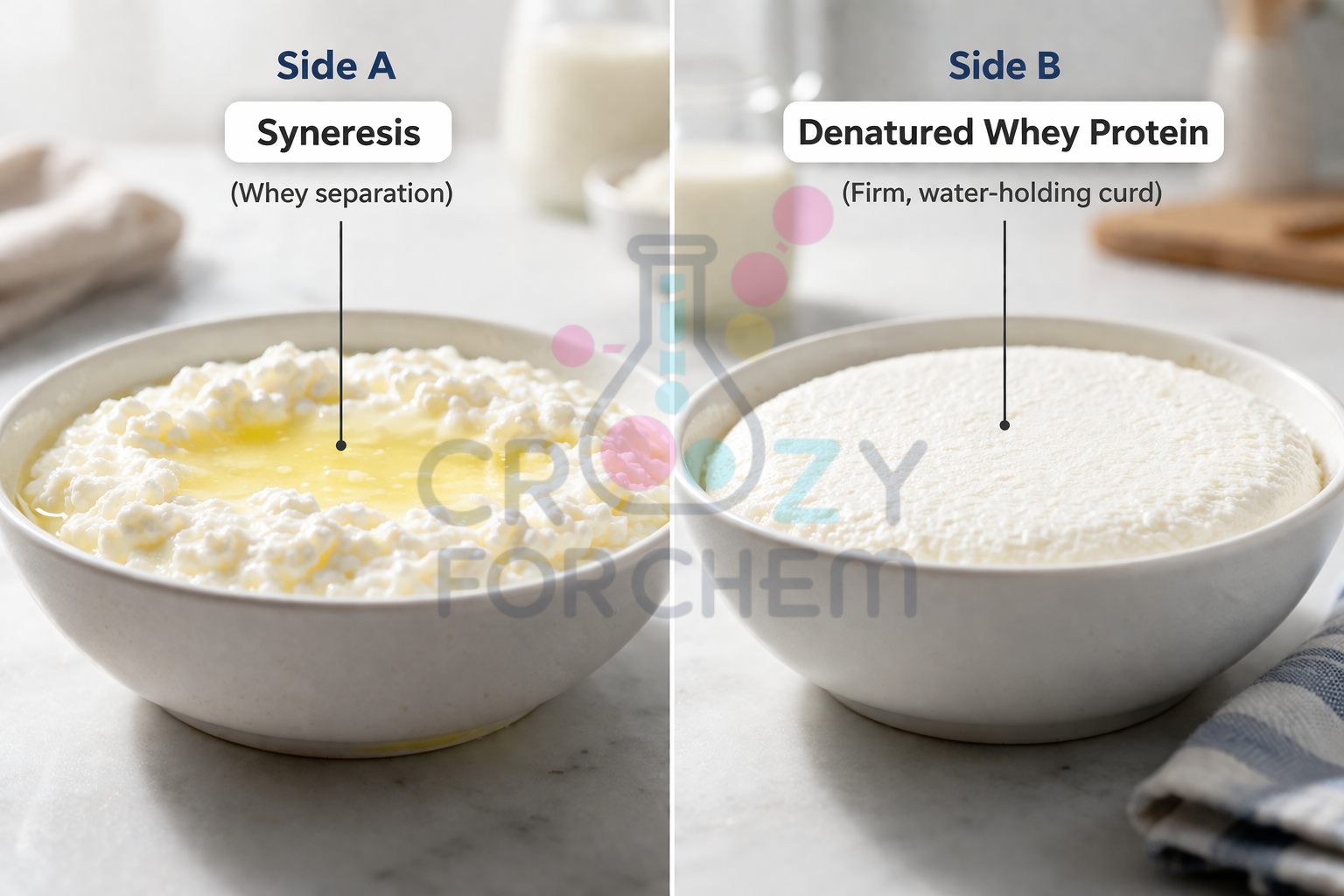 Comparison of curd with whey separation (syneresis) versus firm curd made from pre-boiled milk.