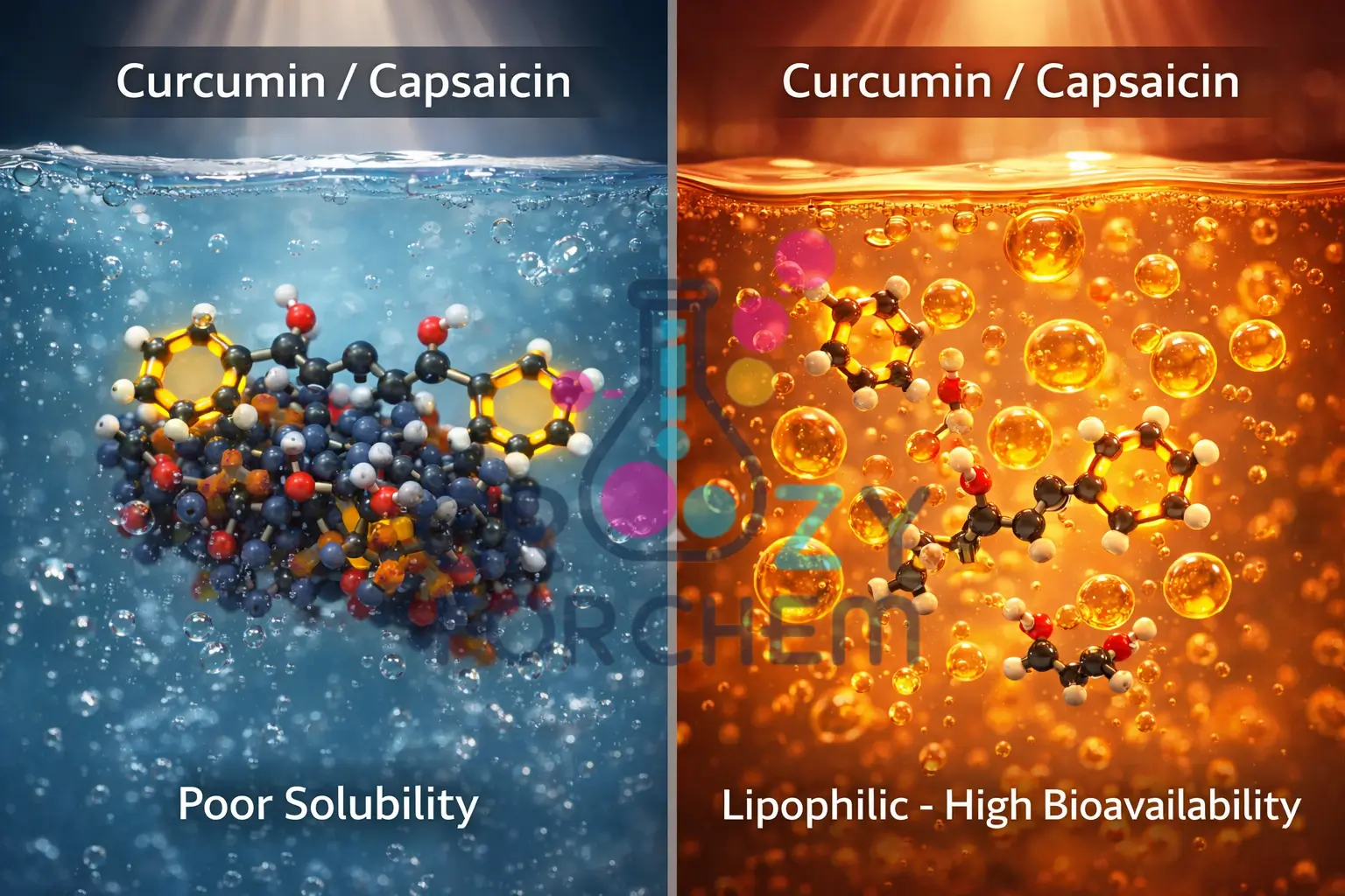 A comparison diagram showing how fat-soluble spice compounds dissolve in oil versus water.