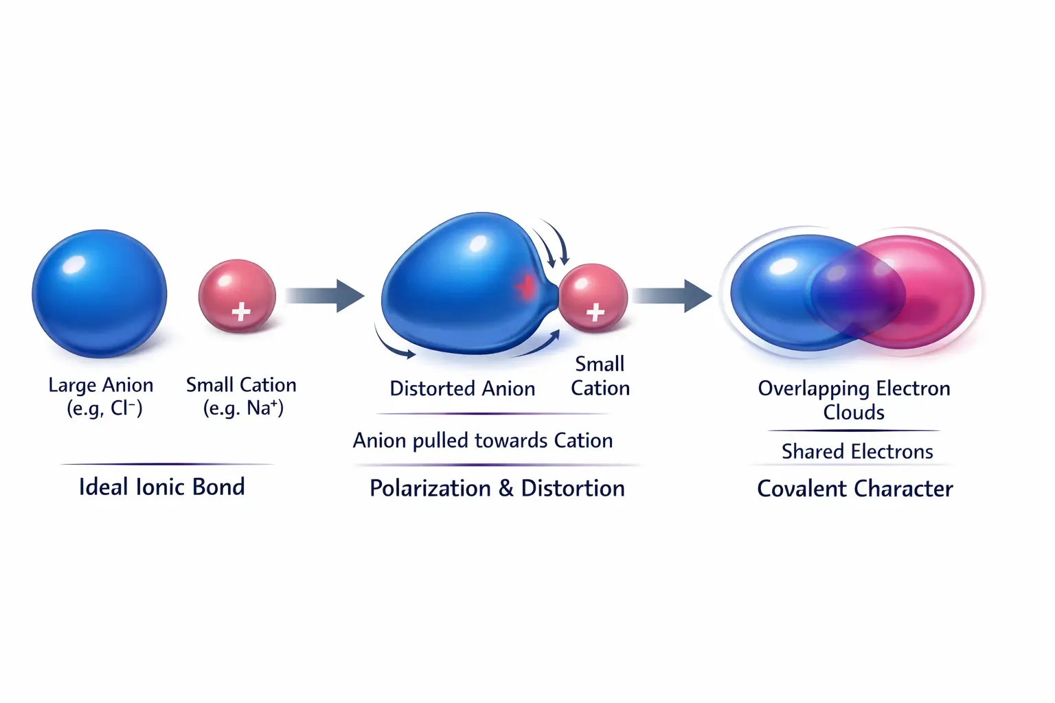 Fajans' Rule diagram showing cation polarising an anion electron cloud to create covalent character in an ionic bond.