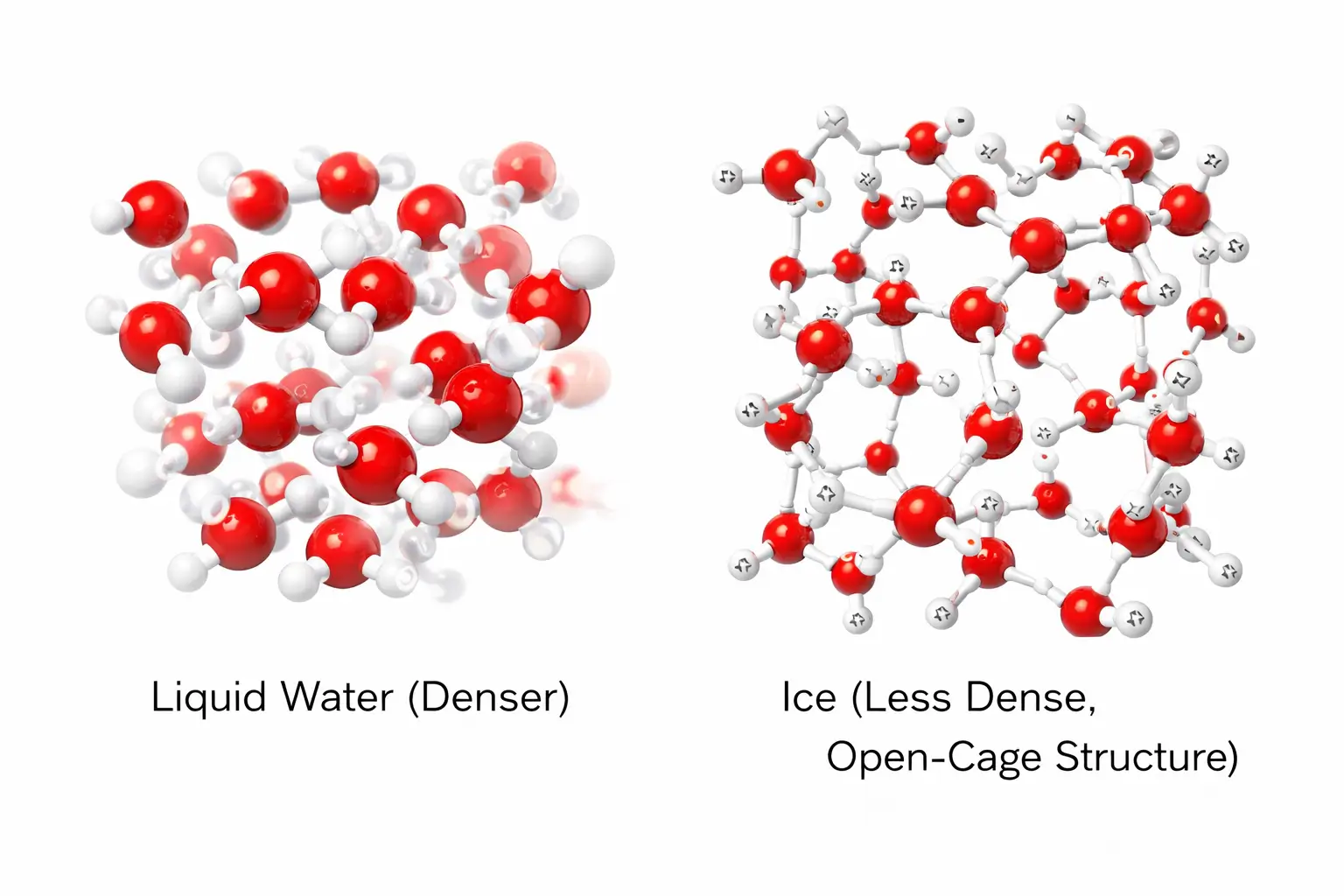 Comparison of liquid water and the hexagonal open-cage structure of ice crystals.