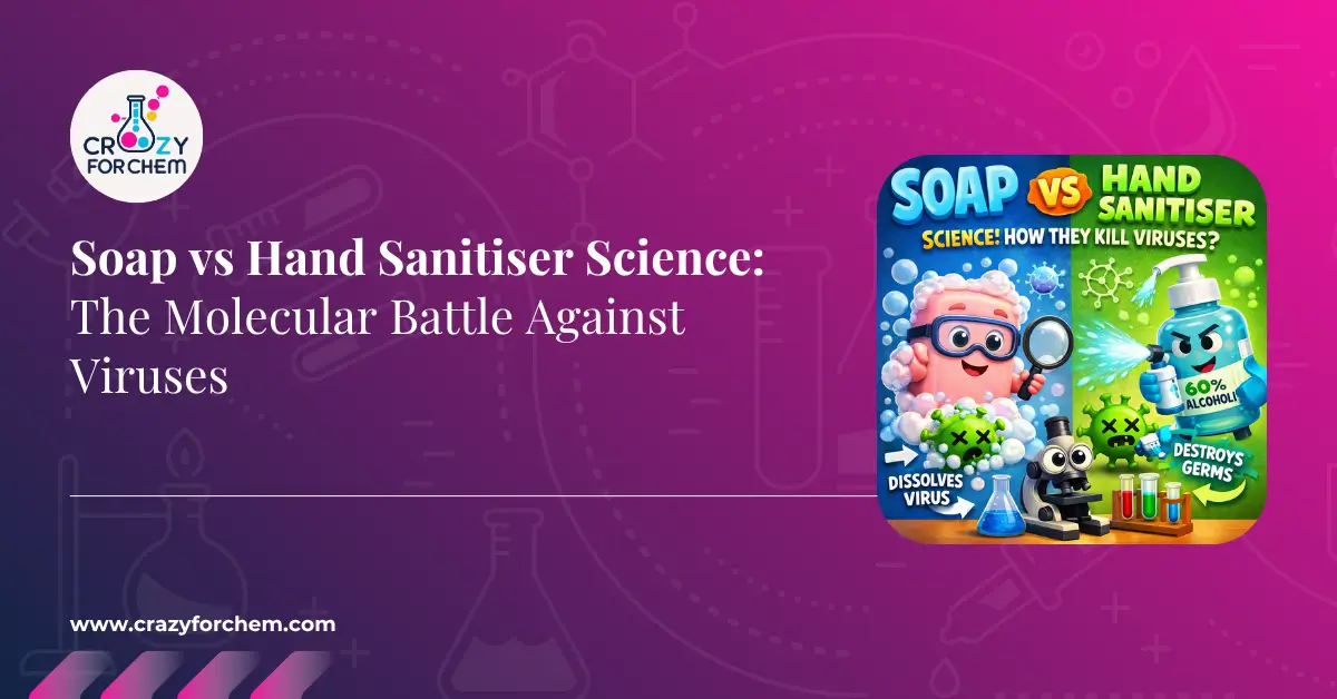 A comprehensive infographic from CrazyForChem detailing the molecular battle between soap and hand sanitiser. It visualises 'Virus Disruption (Prying Open Fatty Shell)' with a crowbar effect and 'Virus Neutralisation (Protein Unfolding)' with an earthquake effect, summarising the two chemical pathways.