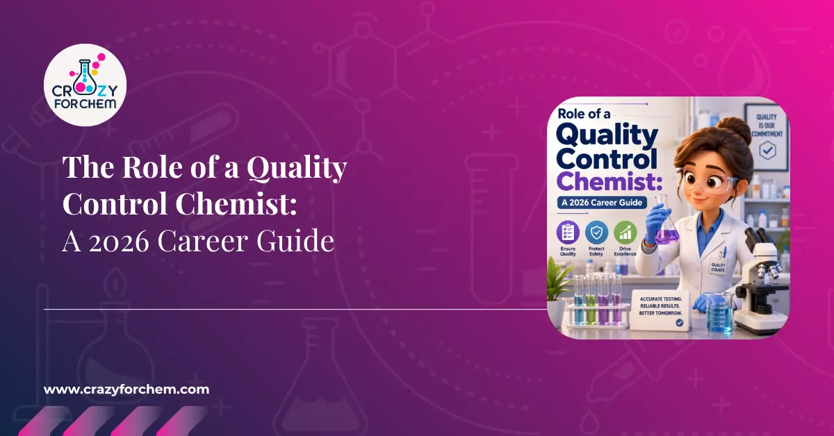 A 2026 career guide banner featuring a female scientist in a laboratory, titled 'The Role of a Quality Control Chemist'.