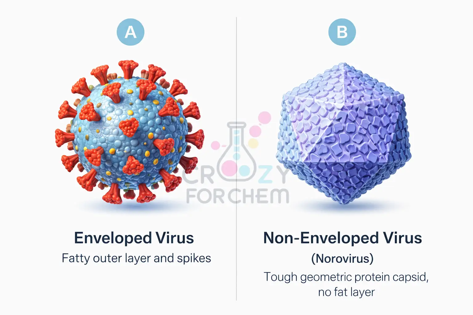 Comparison of enveloped viruses with fatty shells versus non-enveloped viruses with tough protein capsids.