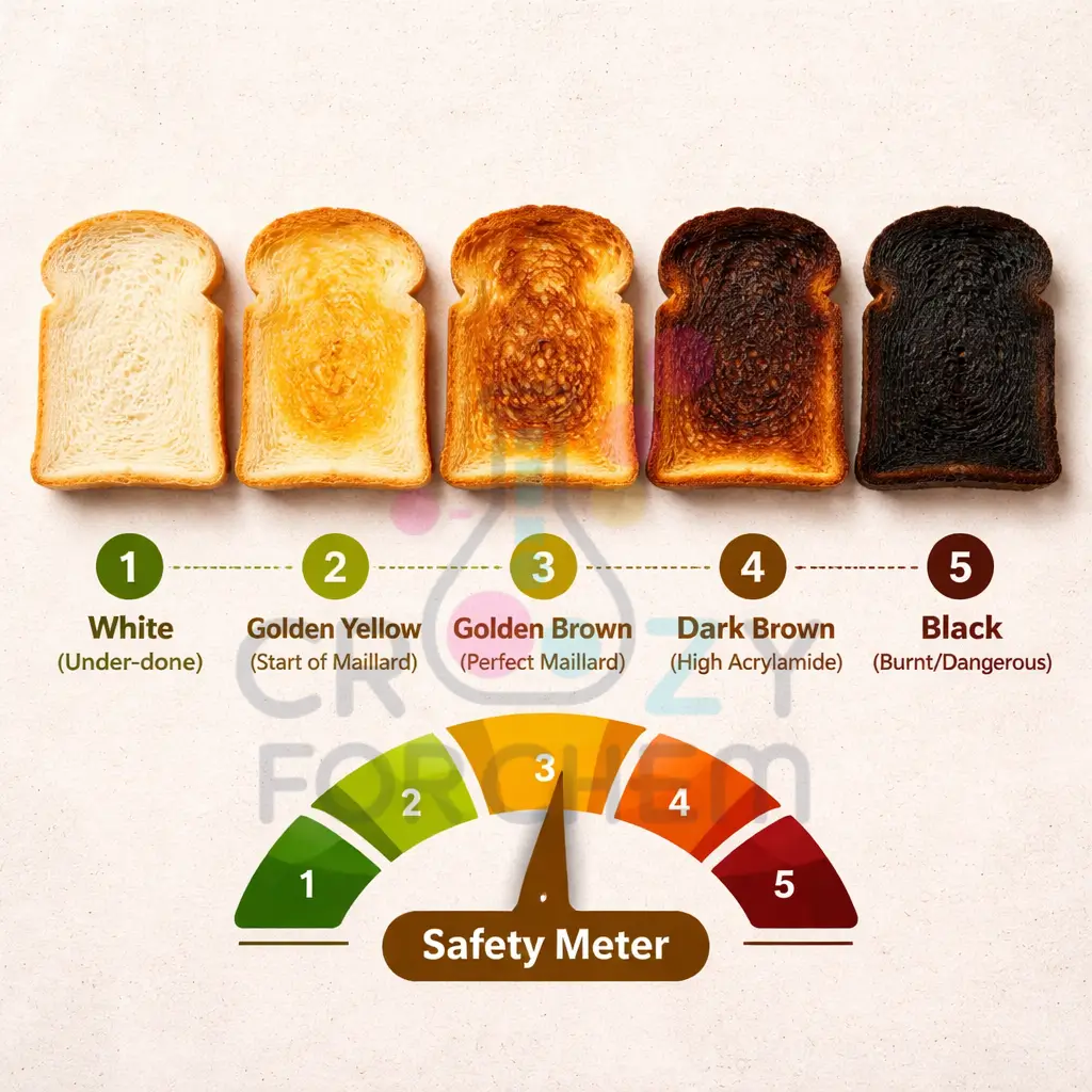 A scale of bread toast shades from pale to burnt, showing the safe levels of the Maillard reaction versus acrylamide risk.