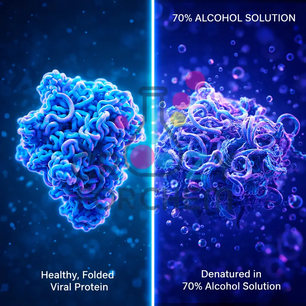Illustration of viral protein denaturation caused by alcohol-based hand sanitiser.