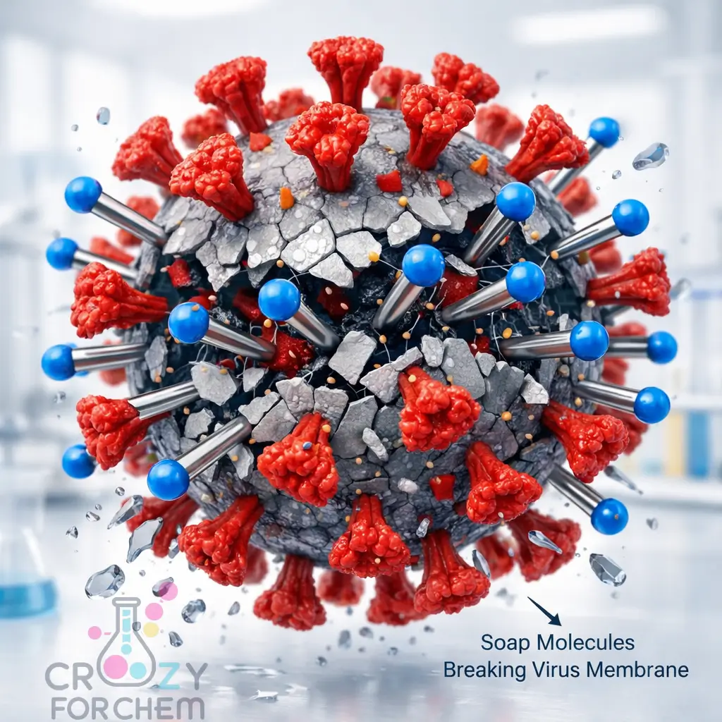 Molecular diagram showing soap molecules acting as a crowbar to pry apart a virus lipid envelope.