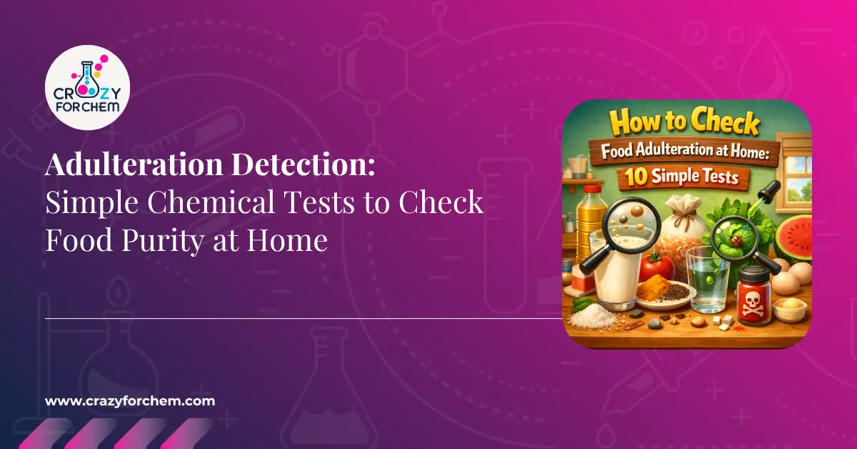 A vibrant educational infographic from CrazyForChem, titled 'How to Check Food Adulteration at Home: 10 Simple Tests'. The image shows diverse food items on a wooden surface, including milk, rice, pulses, and turmeric, each being examined with a magnifying glass. A 'fire' character near a skull and crossbones icon signifies chemical hazards. The background features molecular structures on a purple and pink gradient, alongside the official CrazyForChem logo and website.