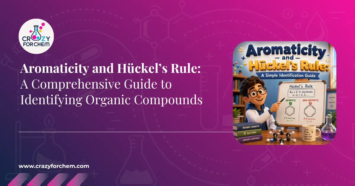 A professional academic featured image for a chemistry blog titled 'Aromaticity and Hückel’s Rule: A Comprehensive Guide to Identifying Organic Compounds' featuring the CrazyForChem logo and a 3D cartoon male teacher pointing to a whiteboard display. The board shows a clear comparison with Hückel's Rule ($4n+2$) formula, an aromatic benzene molecule ($6\pi$ electrons), and a non-aromatic cyclooctatetraene molecule ($8\pi$ electrons). Books and molecular models are in the foreground.