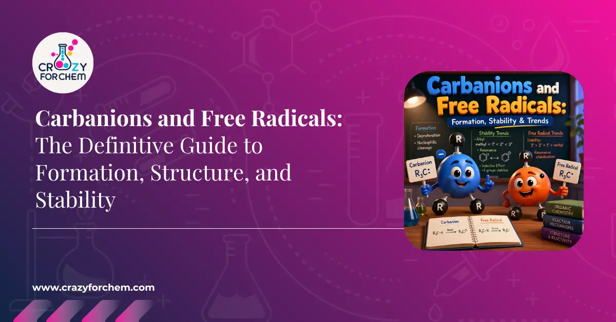 A professional featured image for a chemistry blog titled 'Carbanions and Free Radicals: Formation, Stability & Trends'. It features two 3D spherical characters representing reactive intermediates—a blue carbanion and an orange free radical—surrounded by chemical formulae and textbook icons on a purple gradient background with the CrazyForChem logo.
