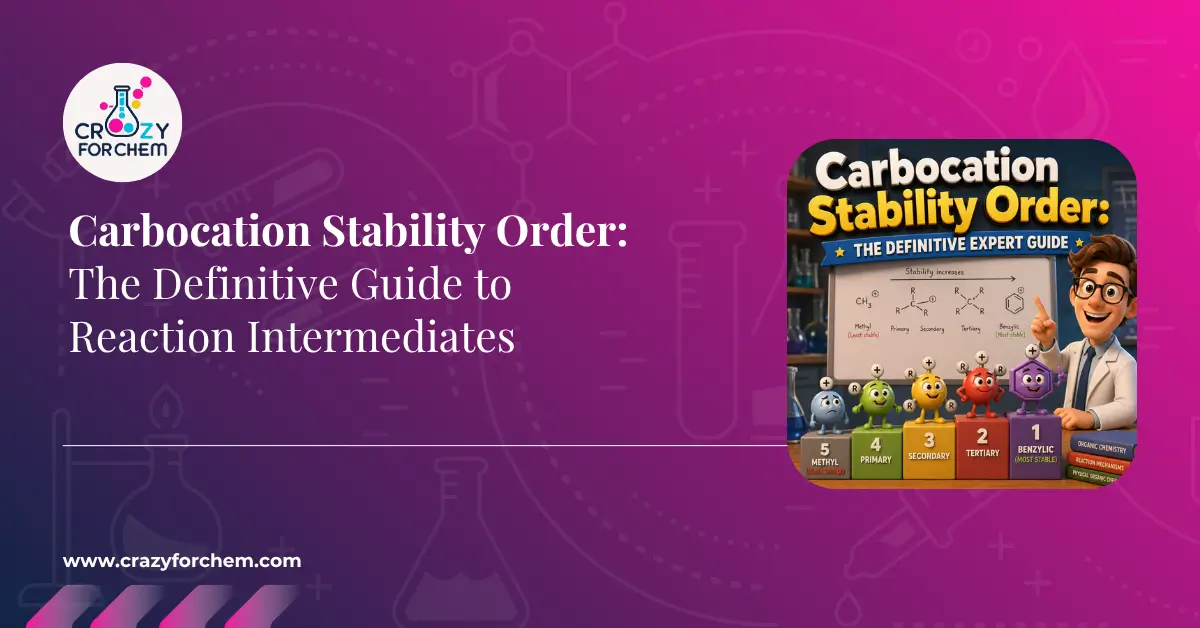 A professional educational graphic for a chemistry blog titled 'Carbocation Stability Order: The Definitive Guide'. An animated student scientist points to a classroom whiteboard showing the hierarchy: Methyl < Primary < Secondary < Tertiary < Benzylic. Below the board, five colored characters stand on a podium ranking them from least stable (5) to most stable (1).