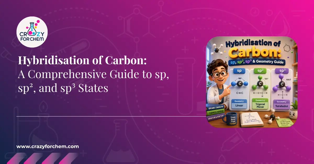 A professional featured image for a chemistry blog titled 'Hybridisation of Carbon: A Comprehensive Guide to sp, sp², and sp³ States' with the CrazyForChem logo and a 3D cartoon style visualisation of a teacher pointing to distinct panels representing sp linear, sp² trigonal planar, and sp³ tetrahedral geometries.