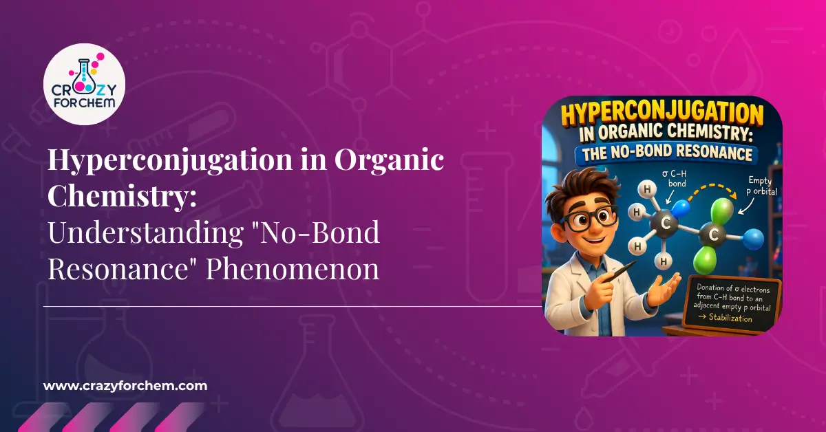 A featured image for a chemistry article titled 'Hyperconjugation in Organic Chemistry: Understanding No-Bond Resonance' featuring a scientist character pointing to a molecular diagram of sigma to p-orbital electron donation.