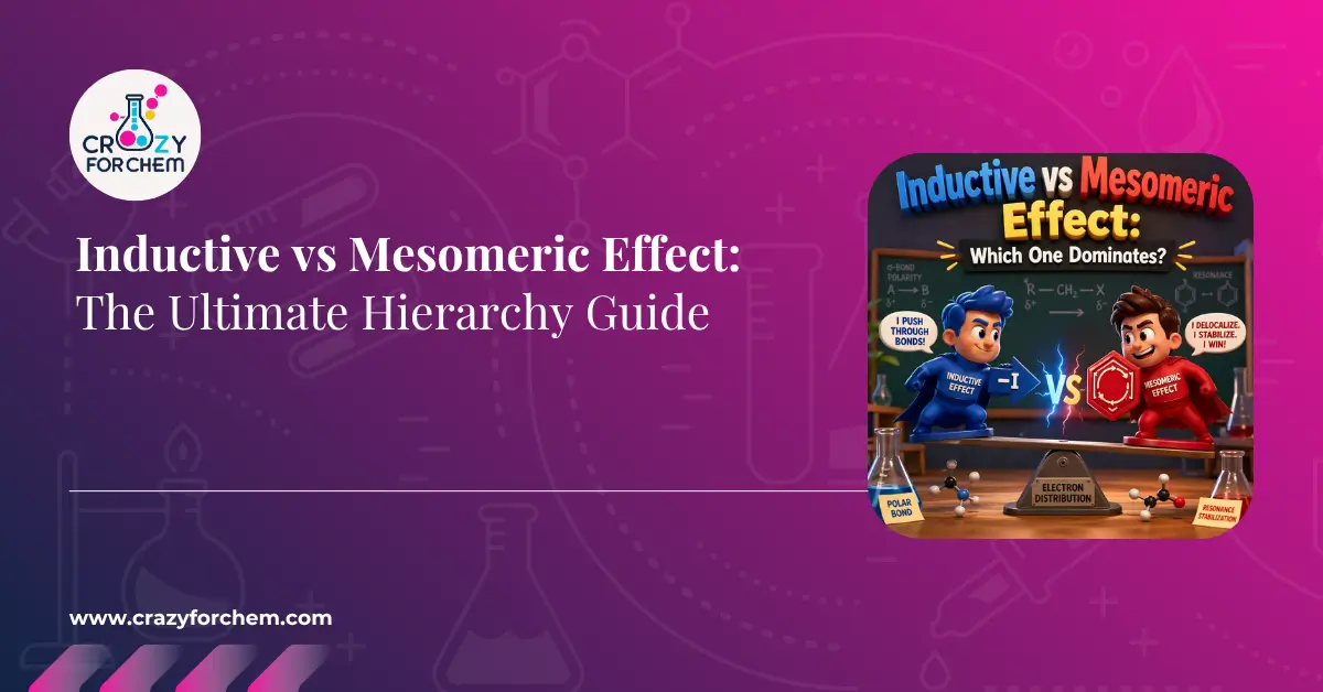 A professional featured image for a chemistry blog titled 'Inductive vs Mesomeric Effect: The Ultimate Hierarchy Guide' with the CrazyForChem logo and a 3D cartoon style visualization of two characters representing the inductive and mesomeric effects in a competition on a balance scale