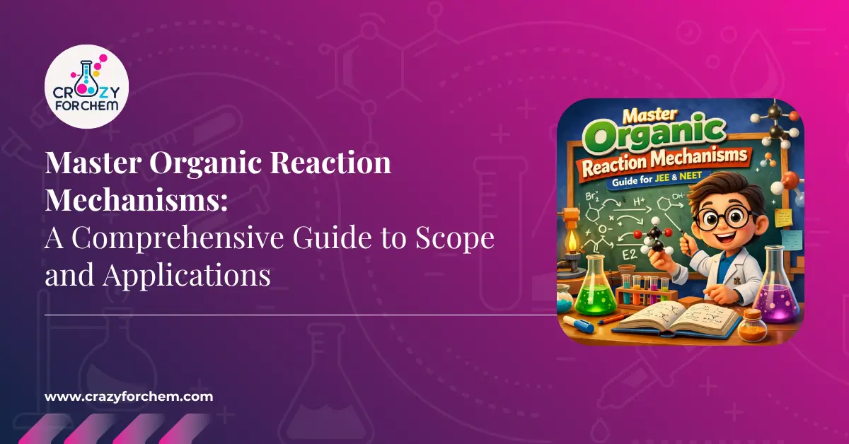 A featured image with a purple and pink gradient, containing the text 'Master Organic Reaction Mechanisms: A Comprehensive Guide to Scope and Applications', the 'CrazyForChem' logo, and a cartoon scientist in a lab setting with chemical equipment.