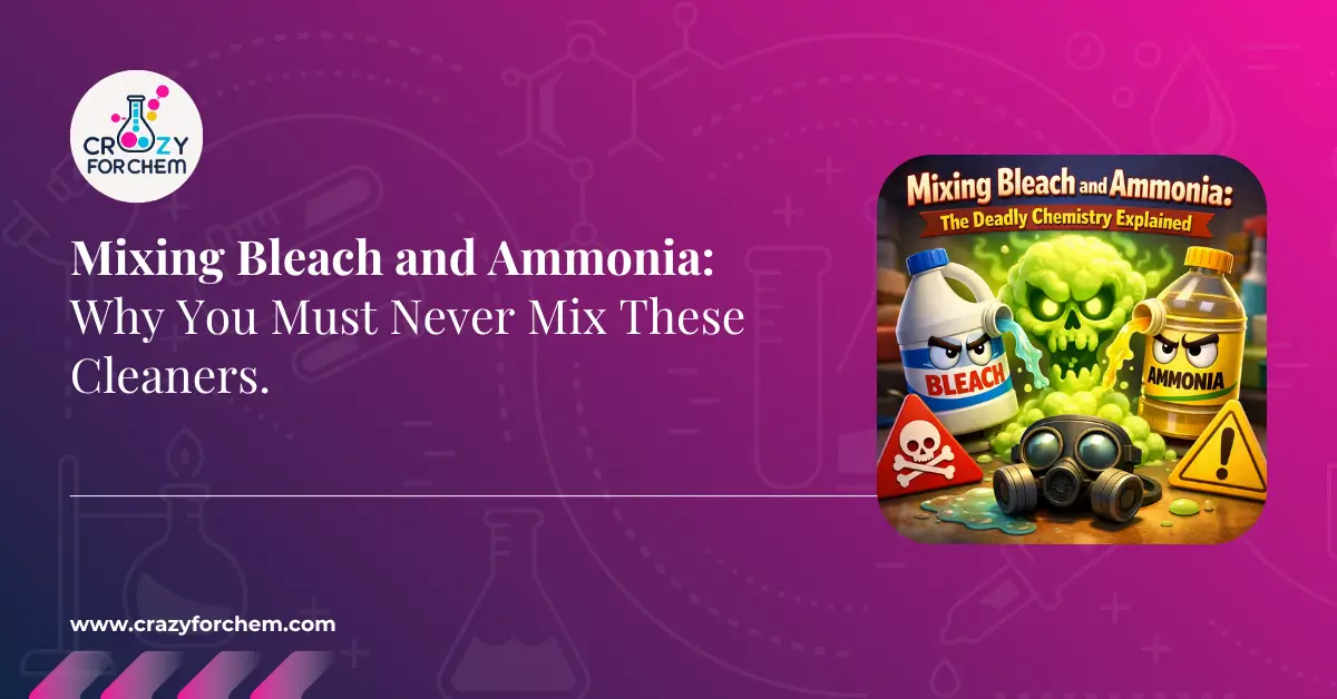A high-impact warning infographic by CrazyForChem showing the deadly reaction between bleach and ammonia, featuring hazard symbols and a gas mask.