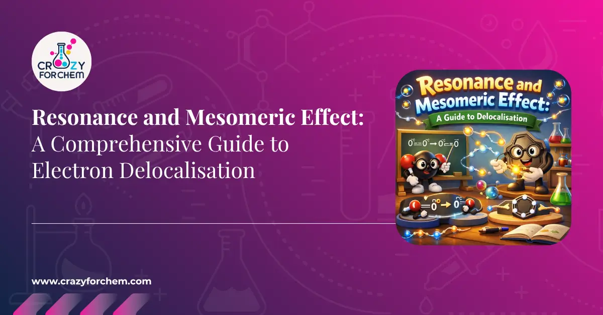 A promotional image with a purple background featuring the 'CrazyForChem' logo, the text 'Resonance and Mesomeric Effect: A Comprehensive Guide to Electron Delocalisation', and a framed cartoon illustration of characters interacting with a chalkboard displaying resonance structures and molecular models on a desk.