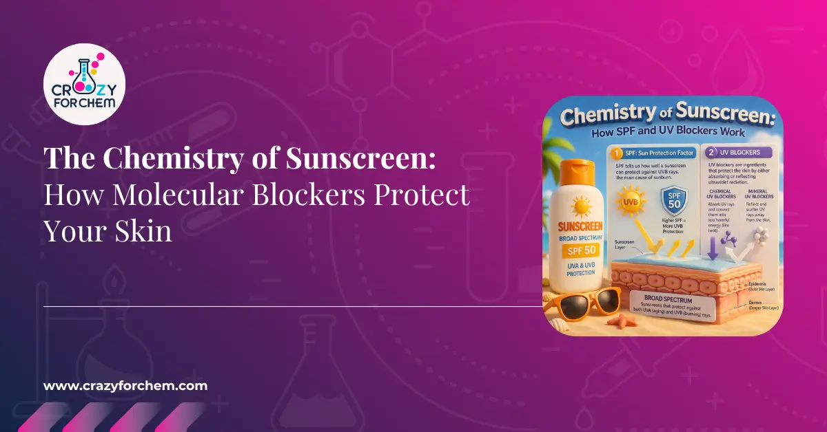 An educational infographic from CrazyForChem titled 'The Chemistry of Sunscreen: How Molecular Blockers Protect Your Skin'. The image displays a sunscreen bottle (SPF 50) and sunglasses on a sandy beach. A visual diagram shows UV radiation hitting a 3D skin model (Epidermis and Dermis). Text sections define Sun Protection Factor (SPF) and explain the difference between 'UV absorbers' (chemical sponges) and 'UV reflectors' (mineral shields). The background features molecular structures on a purple and pink gradient with the CrazyForChem logo and website.