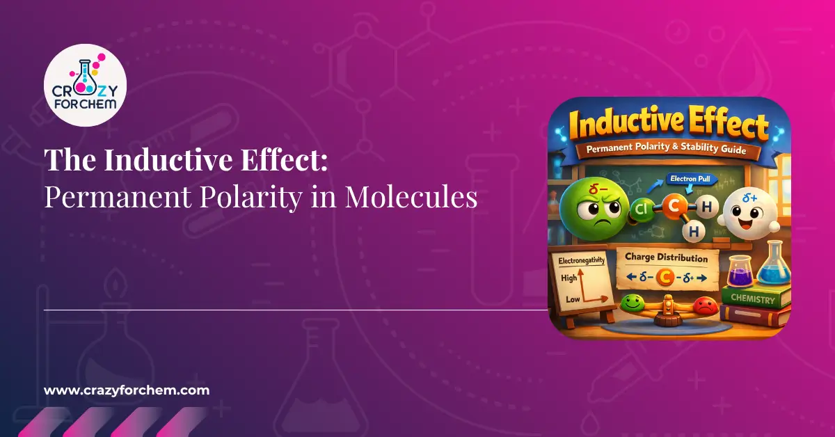 A promotional image with a purple background, containing the 'CrazyForChem' logo, the text 'The Inductive Effect: Permanent Polarity in Molecules', and a graphic of a cartoon scientist explaining electron pull in a chemical structure.