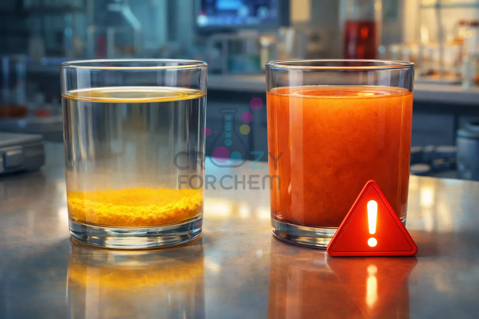 A visual guide to the water test for detecting lead chromate and artificial colours in turmeric powder.