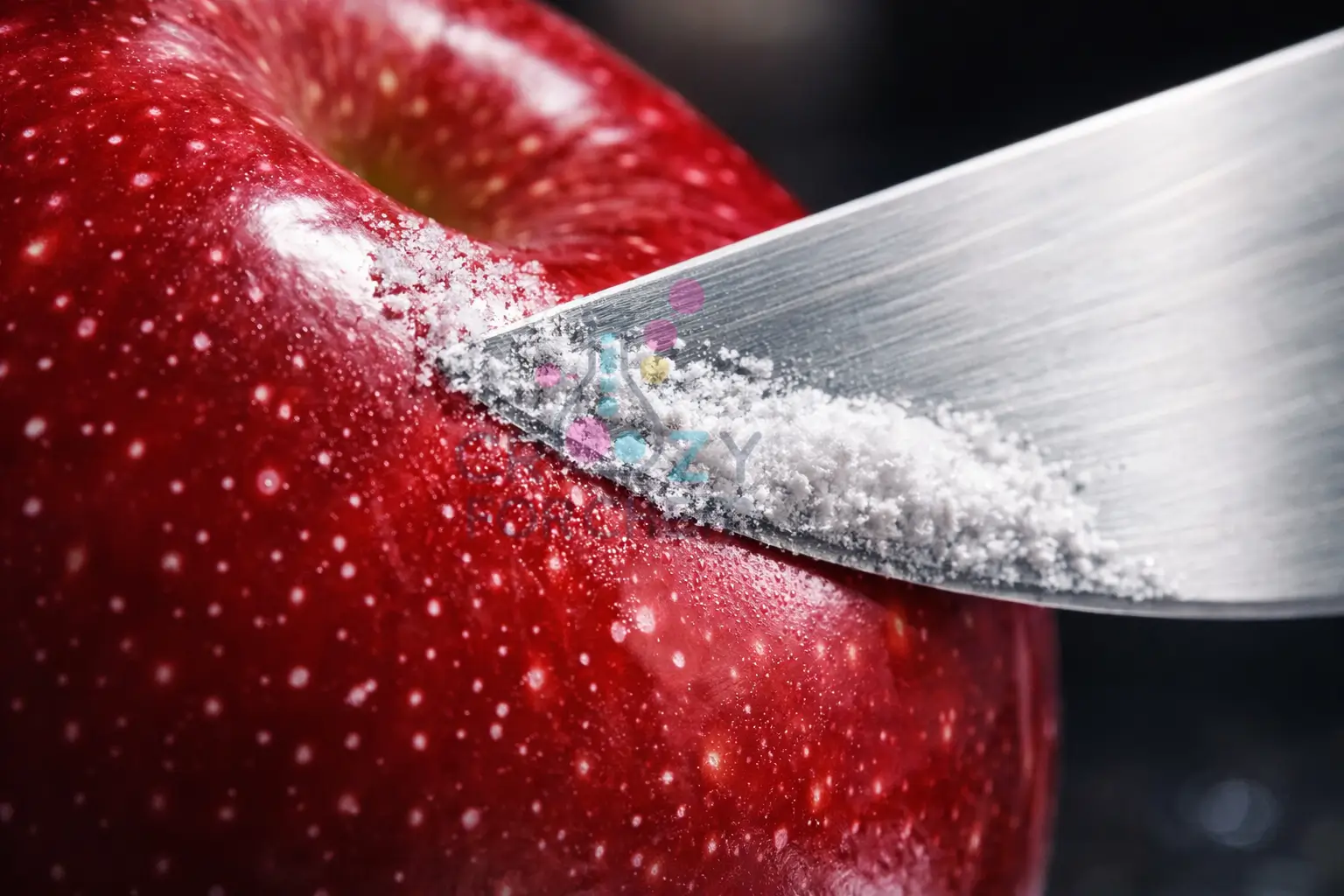 A close-up shot of a blade scraping synthetic white wax from the surface of a red apple.