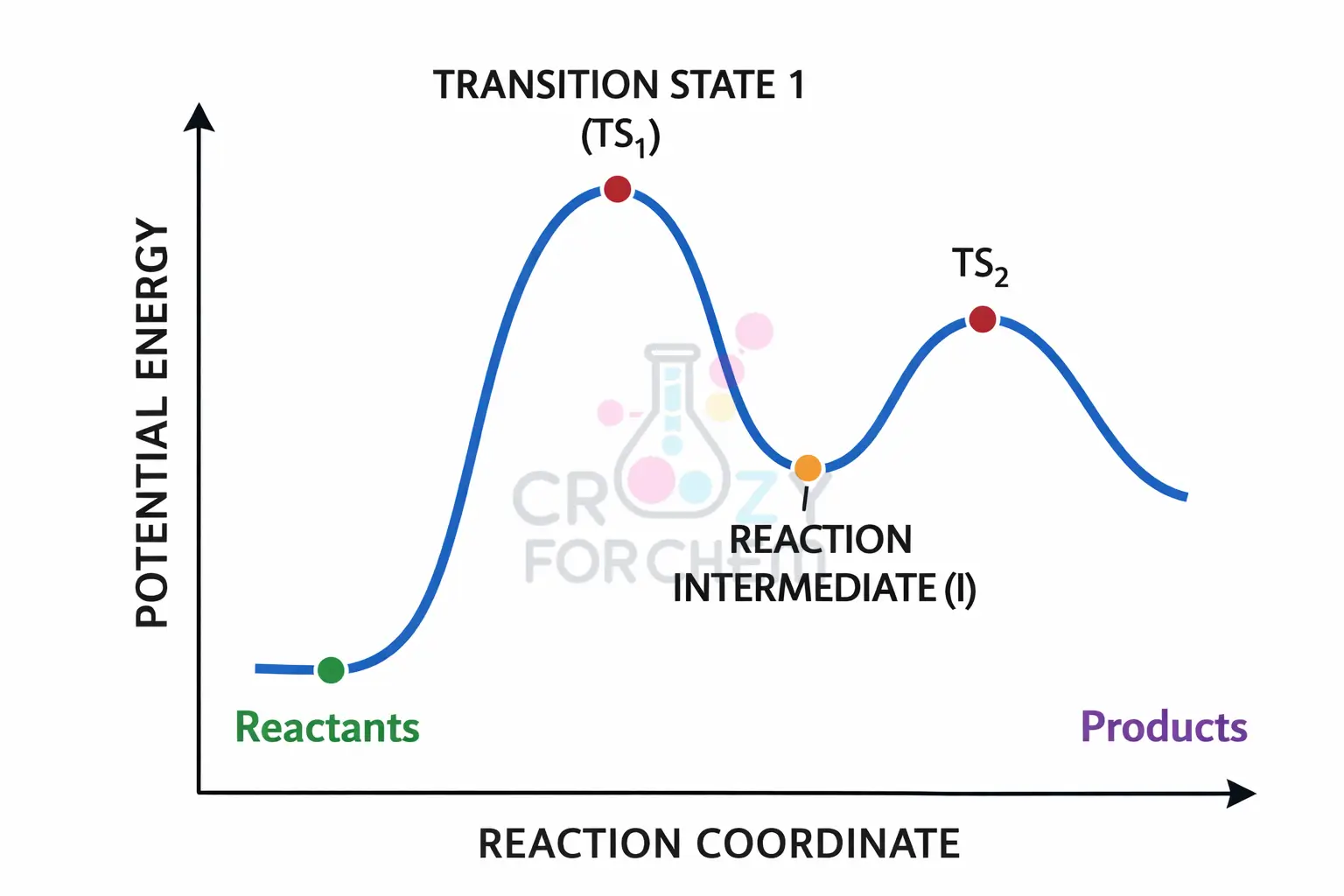 A potential energy diagram plotting potential energy versus reaction coordinate, highlighting the transition state (TS) peak and reaction intermediate (I) local minimum.