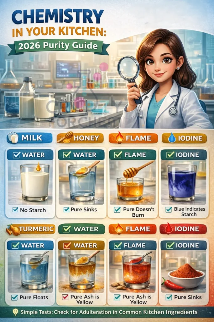 A complete summary infographic of common food adulteration tests at home for milk, spices, and honey.