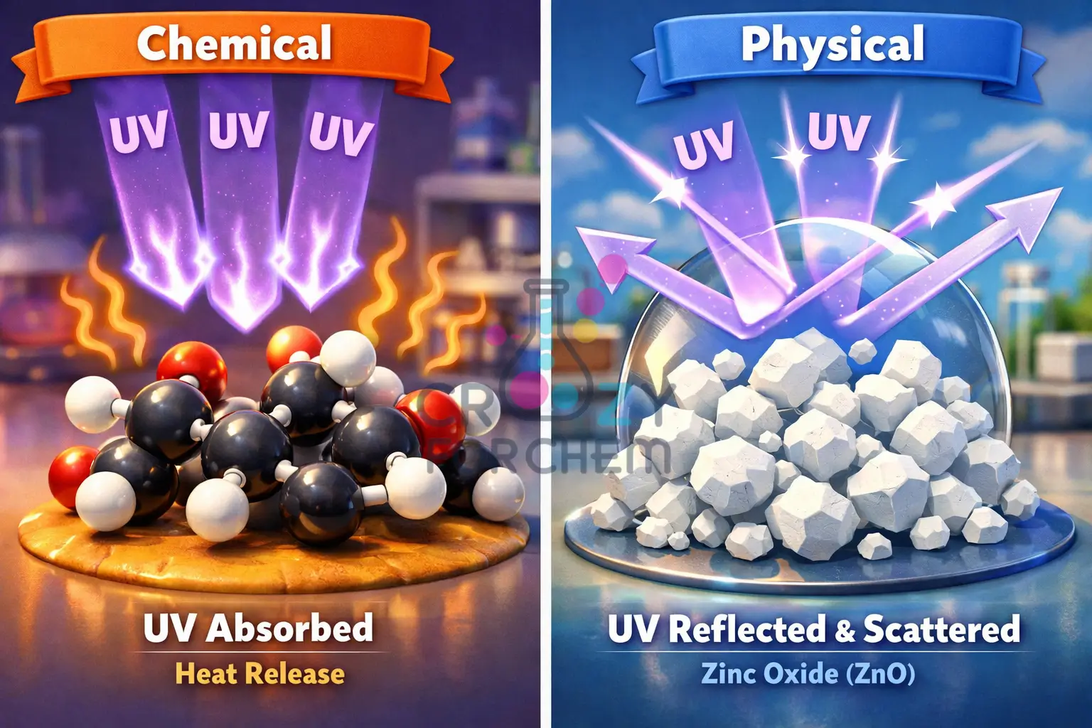 A comparative 3D scientific diagram showing how chemical absorbers act as molecular sponges and physical blockers act as mineral shields against UV radiation.
