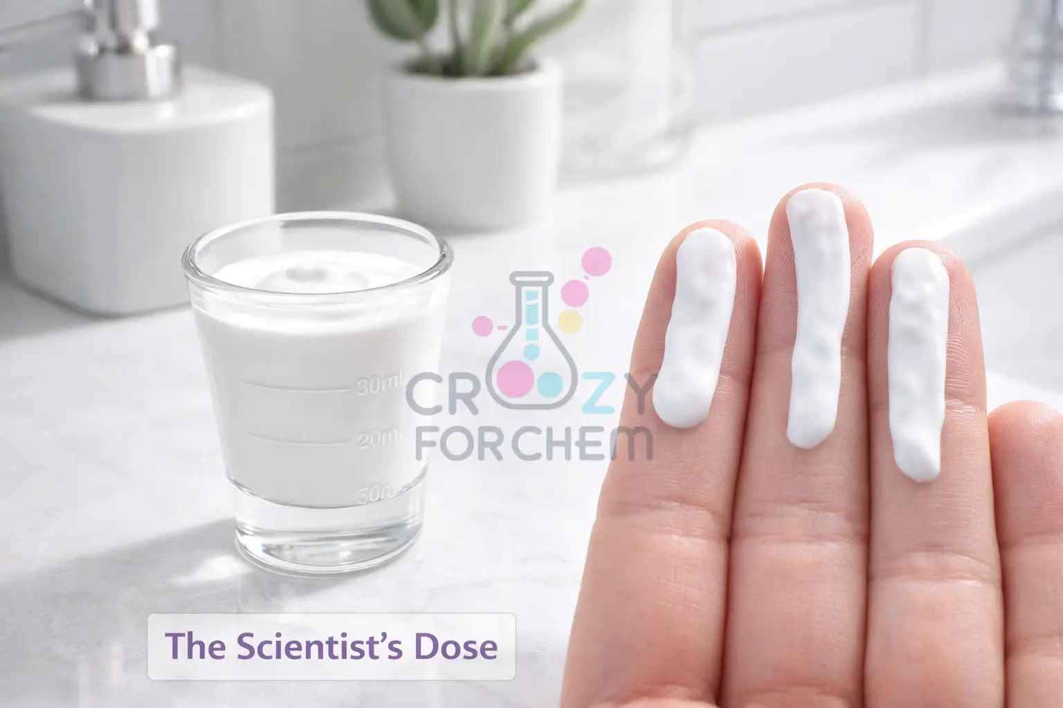 A visual guide showing the correct amount of sunscreen for full-body coverage (one shot glass) and facial coverage (three-finger rule).