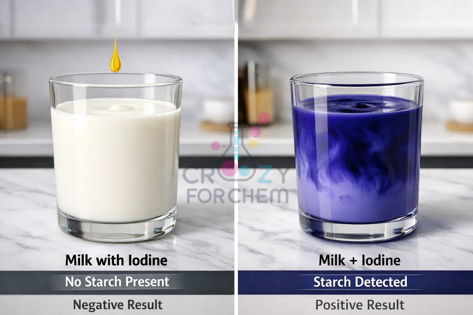 A comparative scientific illustration showing a negative and positive iodine test for starch in milk.