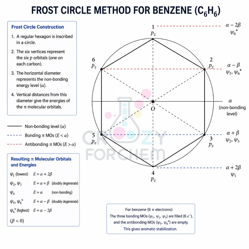 An infographic showing the Frost Circle method applied to benzene, depicting the polygon inscribed in a circle to visualise energy levels of molecular orbitals.