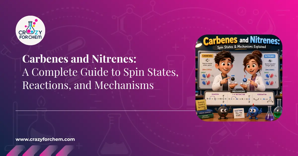 A high-quality featured image for an organic chemistry blog titled 'Carbenes and Nitrenes: A Complete Guide to Spin States, Reactions, and Mechanisms'. The graphic features two cheerful animated scientists illustrating molecular models on a purple background, alongside technical diagrams of singlet and triplet spin states and reaction mechanisms like insertion and aziridination.
